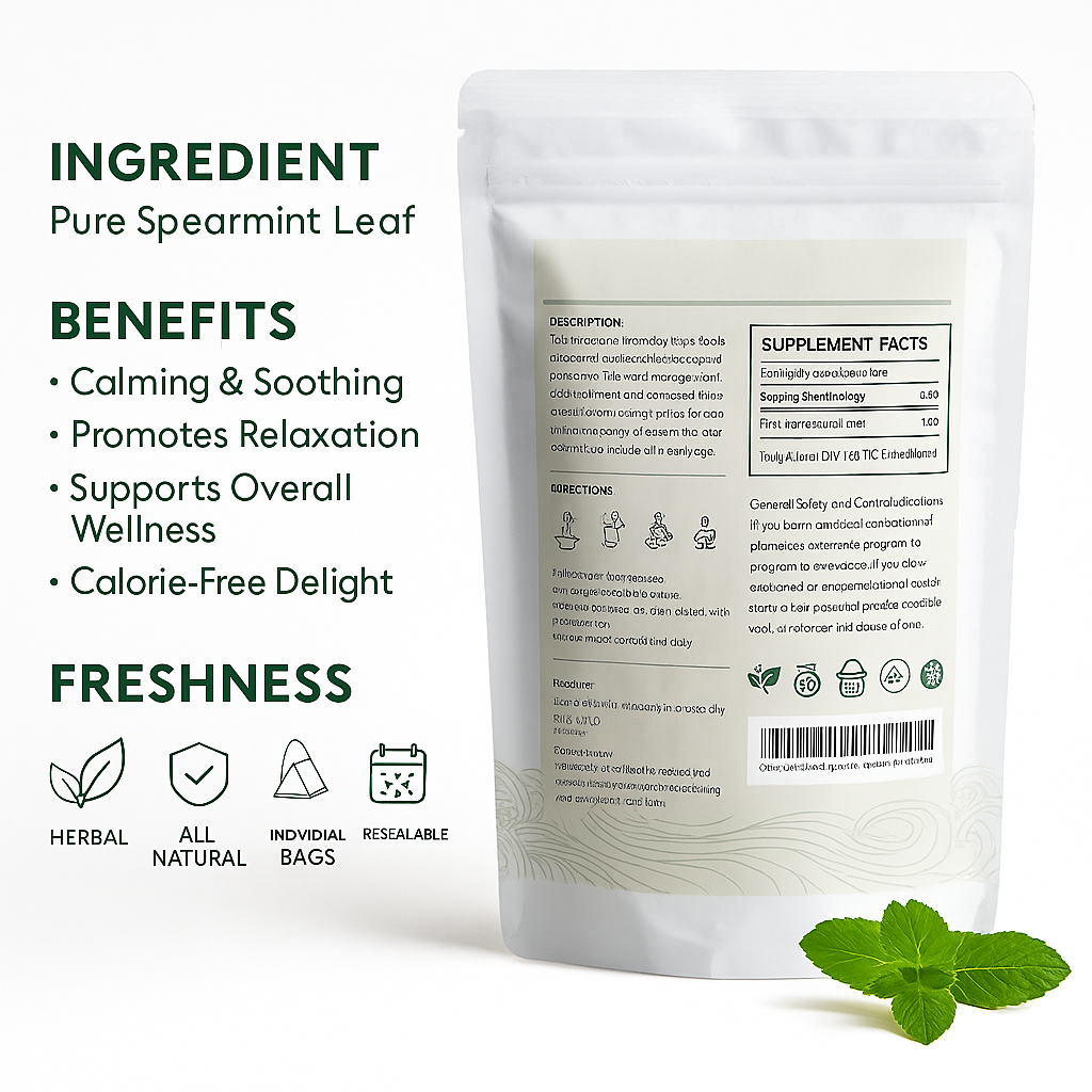 Pure Spearmint Herbal Tea – 30 Tea Bags | Caffeine-Free Daily Mint Tea for Relaxation, Digestion & Wellness | Imarr Tea