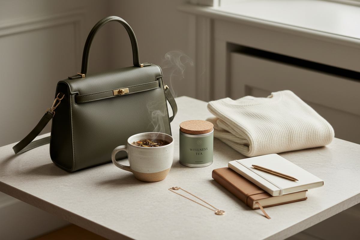 A structured vegan leather handbag beside herbal tea, a folded cream knit, a journal, and gold accessories on a sunlit table